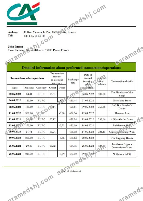 France Credite Agricole Bank statement